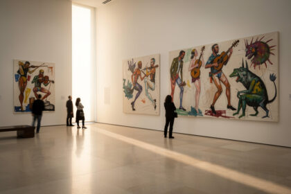 Salle de musée baignée de lumière naturelle, visiteurs silhouettés devant des esquisses et peintures colorées.