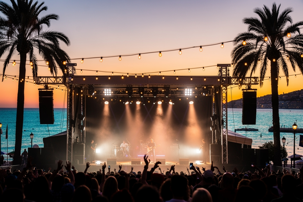 Scène de festival en plein air au crépuscule sur la Côte d'Azur