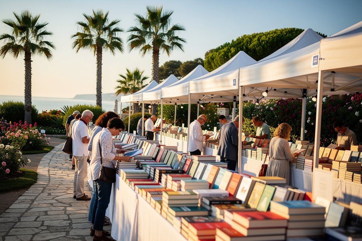Stands de livres en plein air sous des chapiteaux blancs dans un jardin méditerranéen, palmiers et visiteurs en arrière-plan.