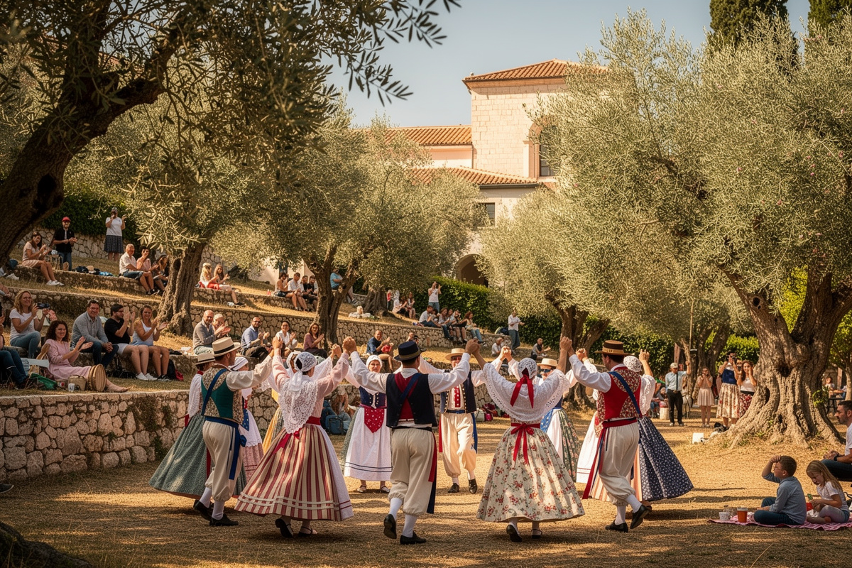 Danseurs en costumes traditionnels niçois lors d'une farandole sous les oliviers des Jardins des Arènes de Cimiez à Nice.