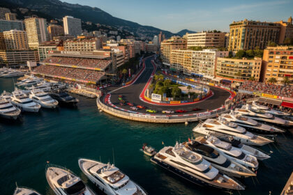 Vue aérienne du circuit du Grand Prix de Monaco et du port Hercule un jour de course