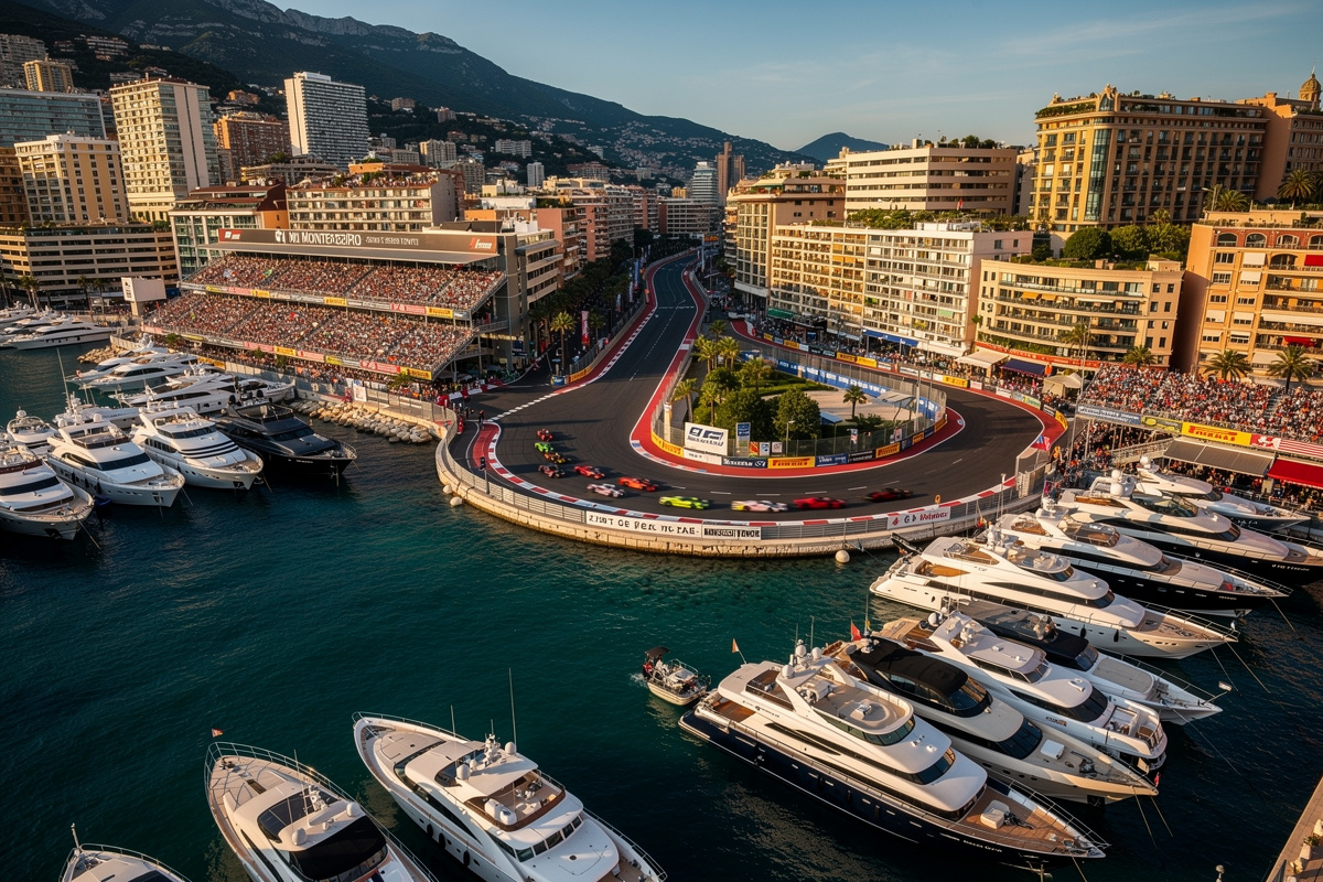 Vue aérienne du circuit du Grand Prix de Monaco et du port Hercule un jour de course