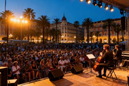 Concert en plein air le soir sur une grande place de Nice, public nombreux face à une scène éclairée
