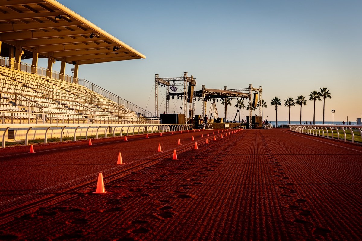 Piste de trot rouge de l'hippodrome au coucher du soleil avec scène de festival en construction au fond