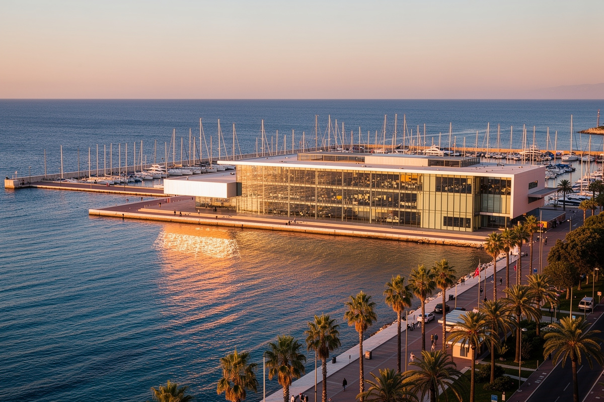 Centre des congrès moderne face au port de Nice au coucher du soleil