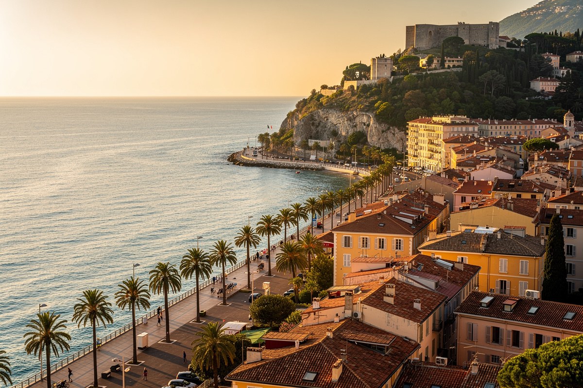 Vue panoramique de la baie des Anges et de la promenade des Anglais à Nice en fin de printemps