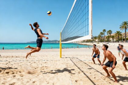 Match de beach volley sur une plage de sable au bord de la Méditerranée, joueurs en action près du filet sous un ciel bleu d'été