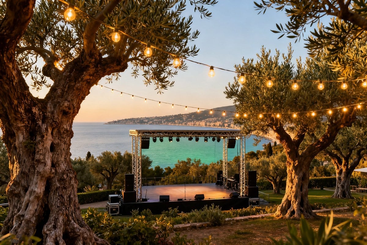 Oliveraie en terrasses dominant la Méditerranée à l'heure dorée, guirlandes lumineuses entre les arbres