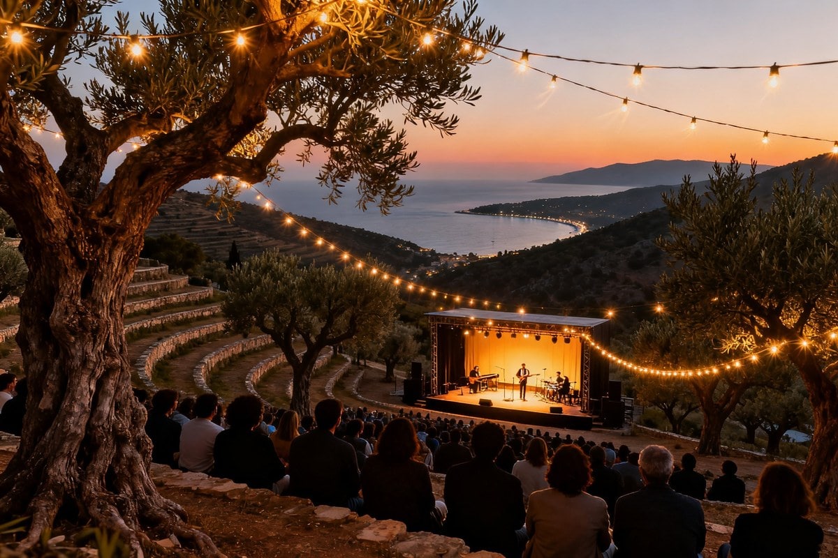 Scène de concert en plein air dans une oliveraie en terrasses surplombant la baie au crépuscule