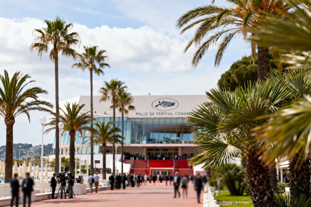 Le Palais des Festivals de Cannes vu depuis la Croisette, palmiers et front de mer sous un ciel mediterraneen.