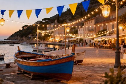 Barque de pêche bleue sur un port méditerranéen au crépuscule, guirlandes lumineuses et fanions jaune et bleu.