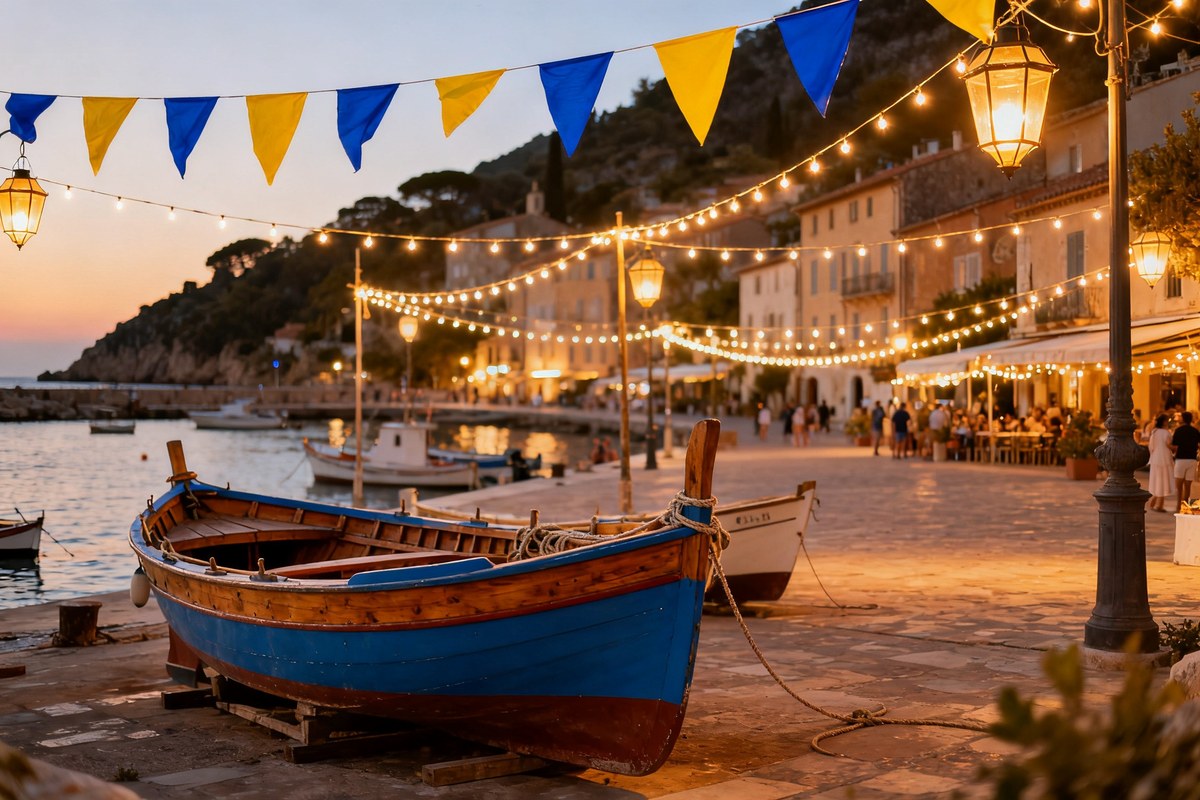 Barque de pêche bleue sur un port méditerranéen au crépuscule, guirlandes lumineuses et fanions jaune et bleu.