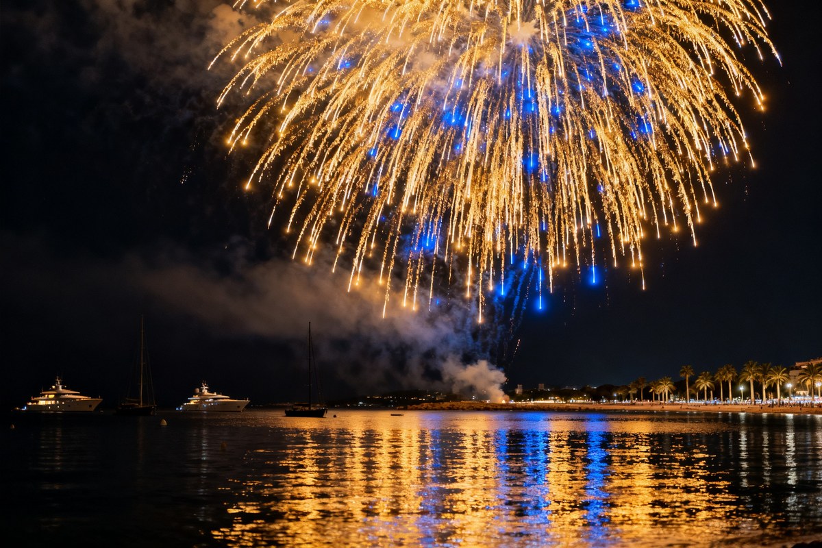 Feux d'artifice multicolores éclatant au-dessus de la baie de Cannes la nuit, reflets dorés sur la mer