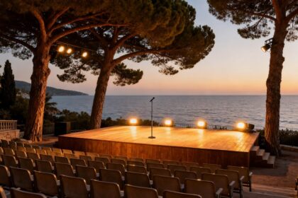 Scène de spectacle en plein air sous les pins parasols au bord de la Méditerranée, au crépuscule estival.