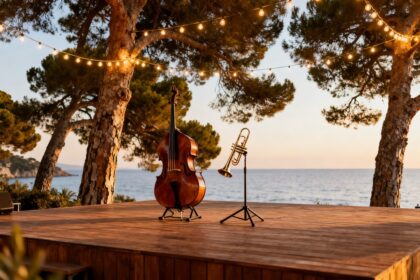 Scène de concert en plein air sous les pins parasols, instruments de jazz posés, mer en arrière-plan au crépuscule