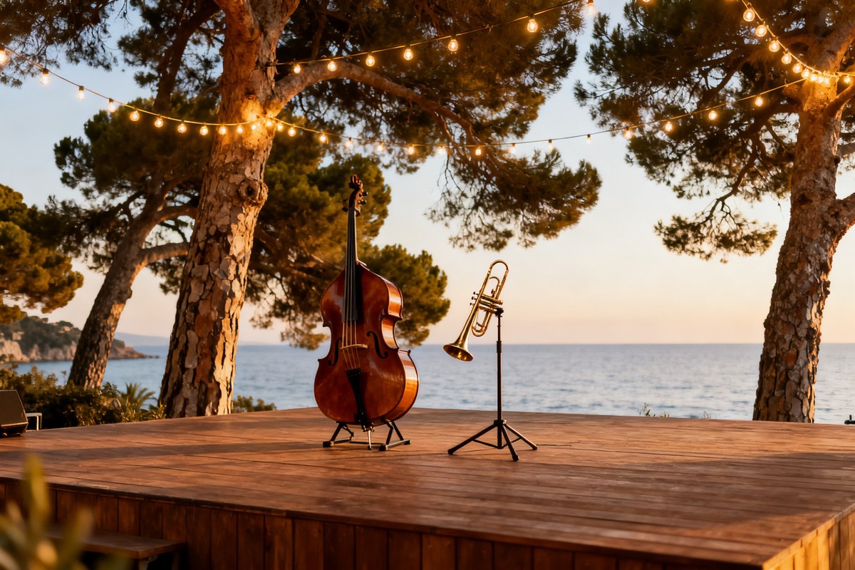 Scène de concert en plein air sous les pins parasols, instruments de jazz posés, mer en arrière-plan au crépuscule