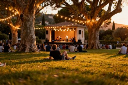 Festival de jazz en plein air dans un parc, public assis dans l'herbe sous de grands arbres éclairés au crépuscule