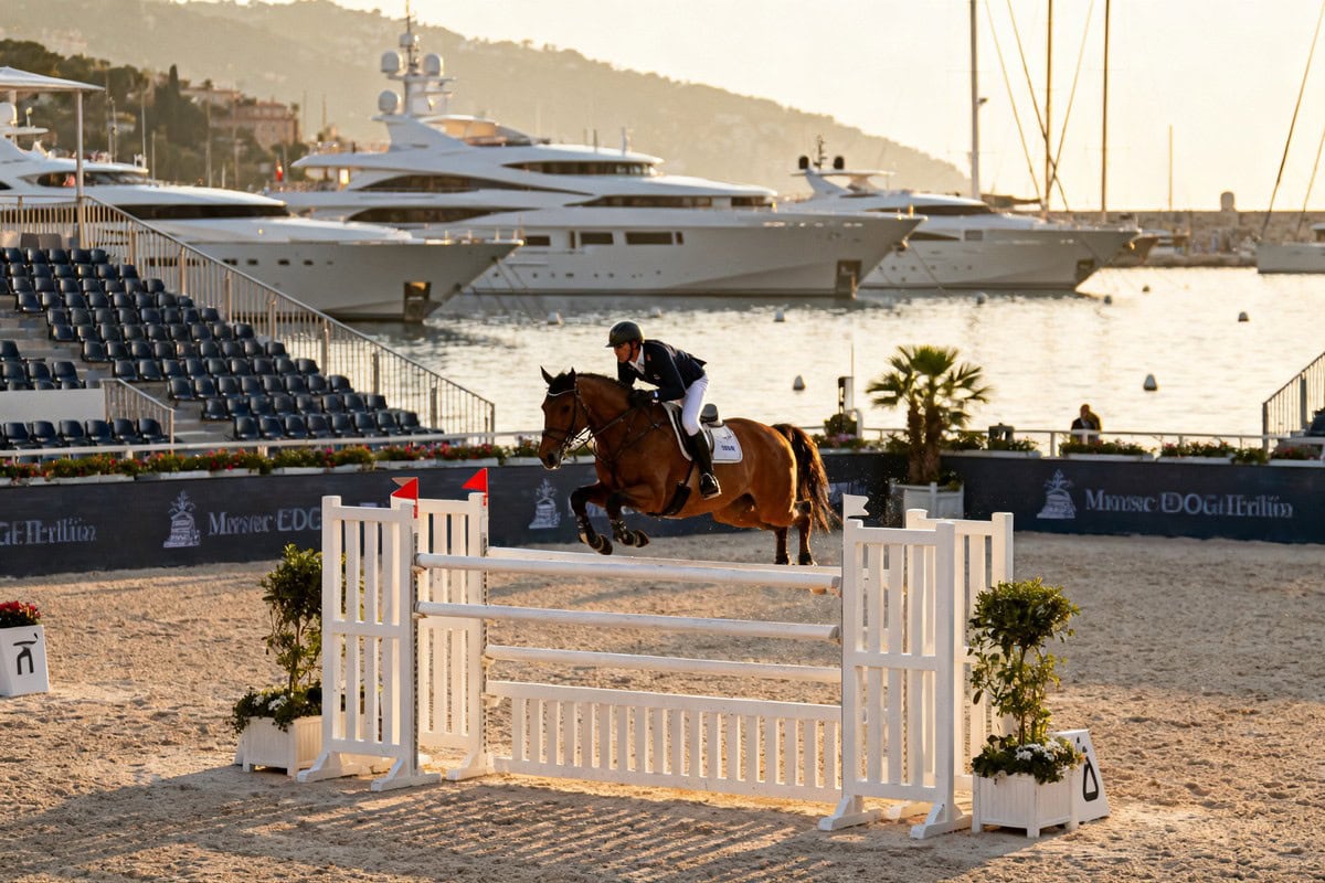 Cavalier et cheval franchissant un obstacle sur une piste de sable au bord du port de Monaco, yachts a l'arriere-plan.