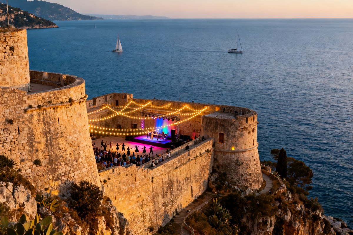 Citadelle en pierre au crépuscule au-dessus d'une baie méditerranéenne, guirlandes lumineuses et petite scène de concert.