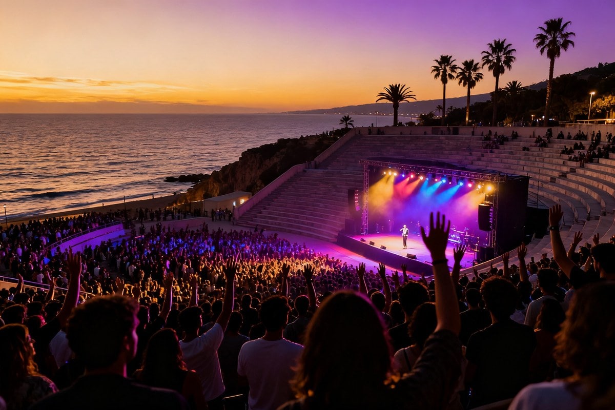 Concert en plein air au crépuscule, foule aux mains levées devant une scène illuminée au bord de la Méditerranée