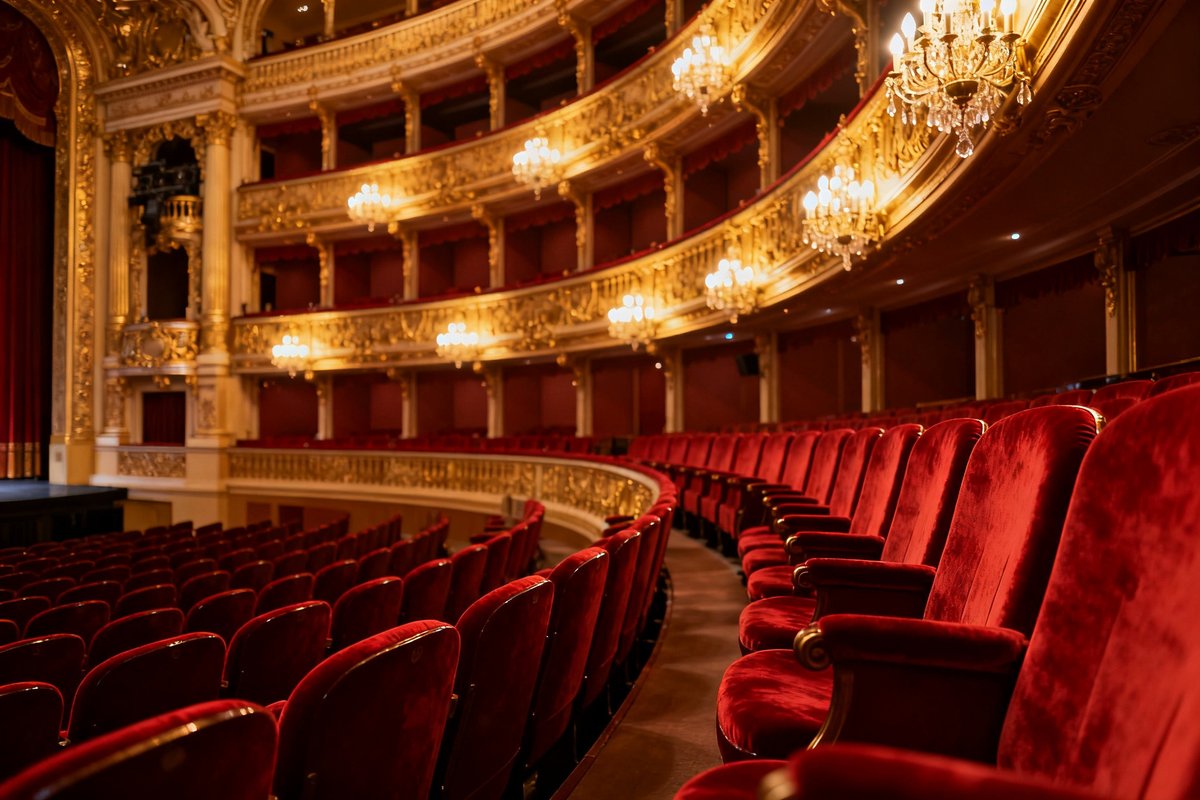 Salle à l'italienne d'un opéra, fauteuils en velours rouge et balcons dorés éclairés avant une représentation