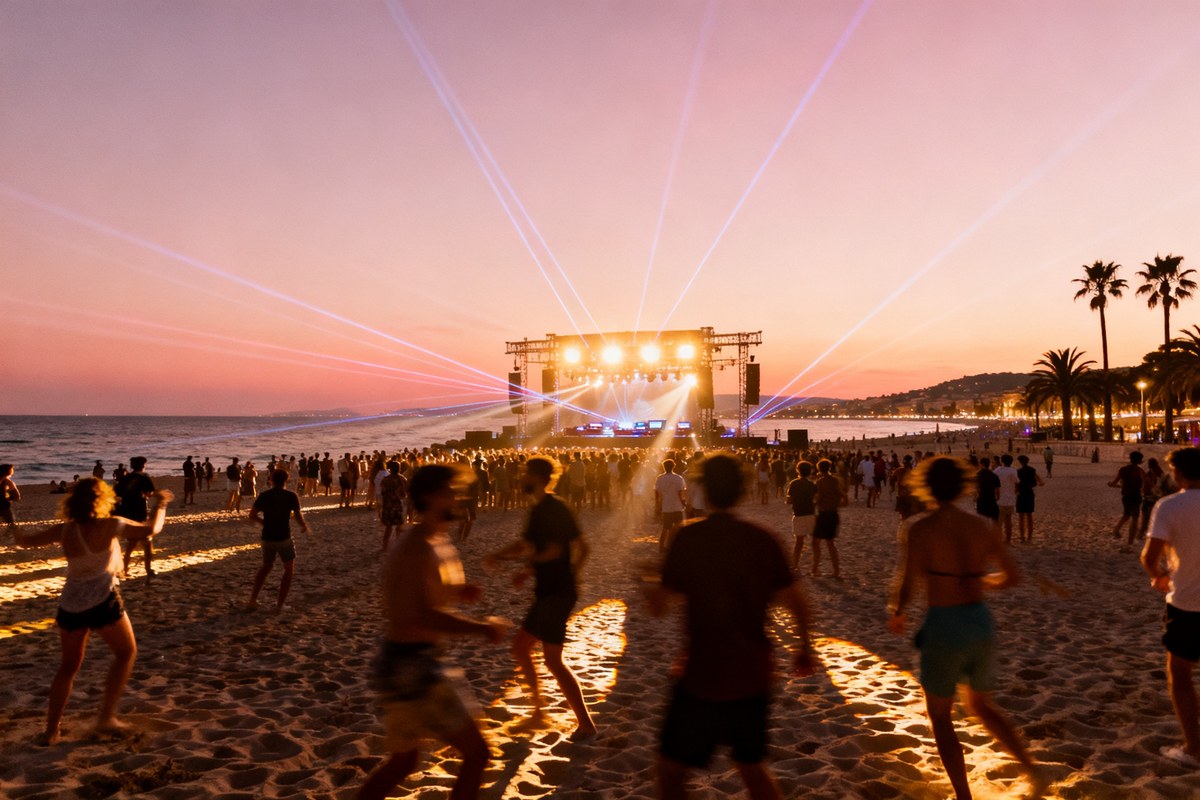 Foule devant une scène de festival électro sur une plage au crépuscule, lumières et lasers