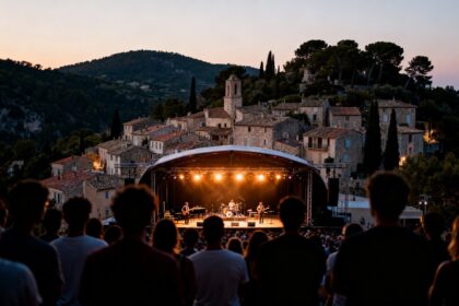 Scène de concert en plein air au crépuscule dans un village perché de l'arrière-pays niçois.