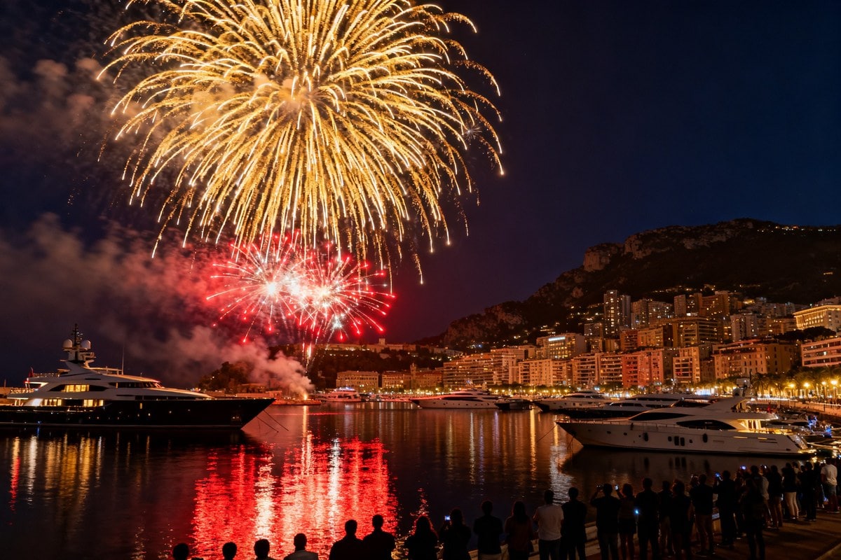 Feu d'artifice multicolore au-dessus du port de Monaco la nuit, yachts et façades illuminés reflétés dans l'eau