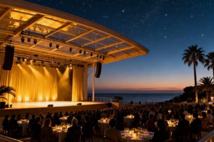 Scène de concert en plein air à Monaco au crépuscule, tables dressées face à la mer sous un ciel étoilé