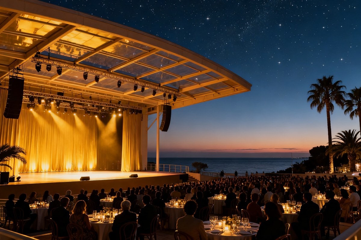 Scène de concert en plein air à Monaco au crépuscule, tables dressées face à la mer sous un ciel étoilé
