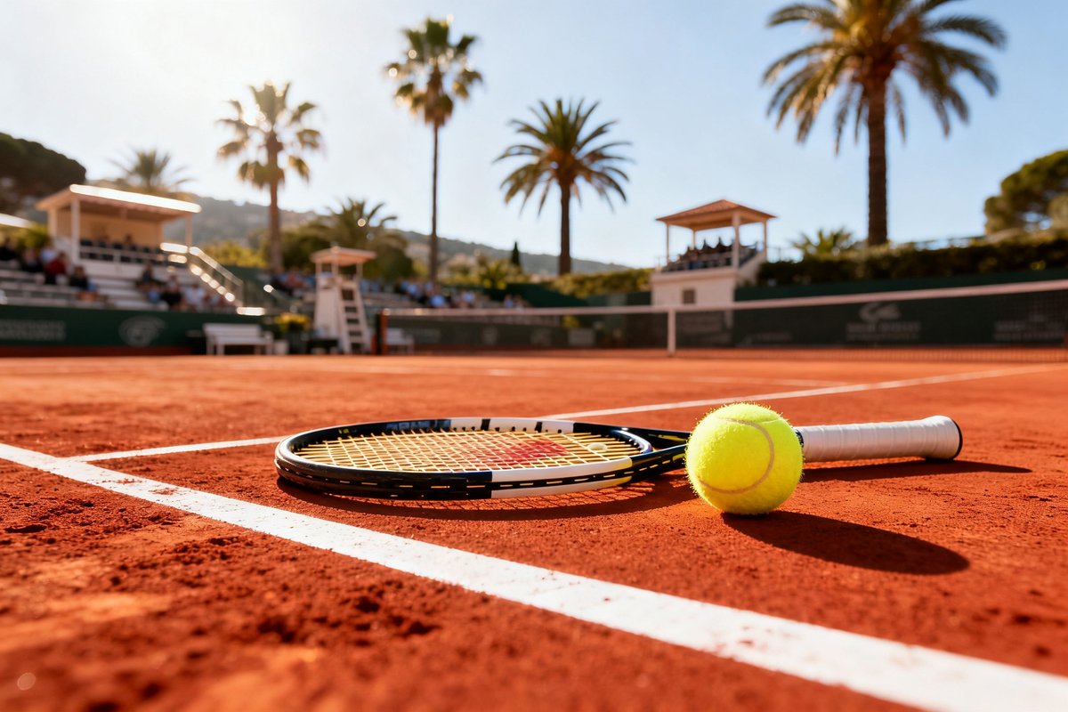 Court en terre battue d'un club de tennis méditerranéen, raquette et balles près de la ligne de fond