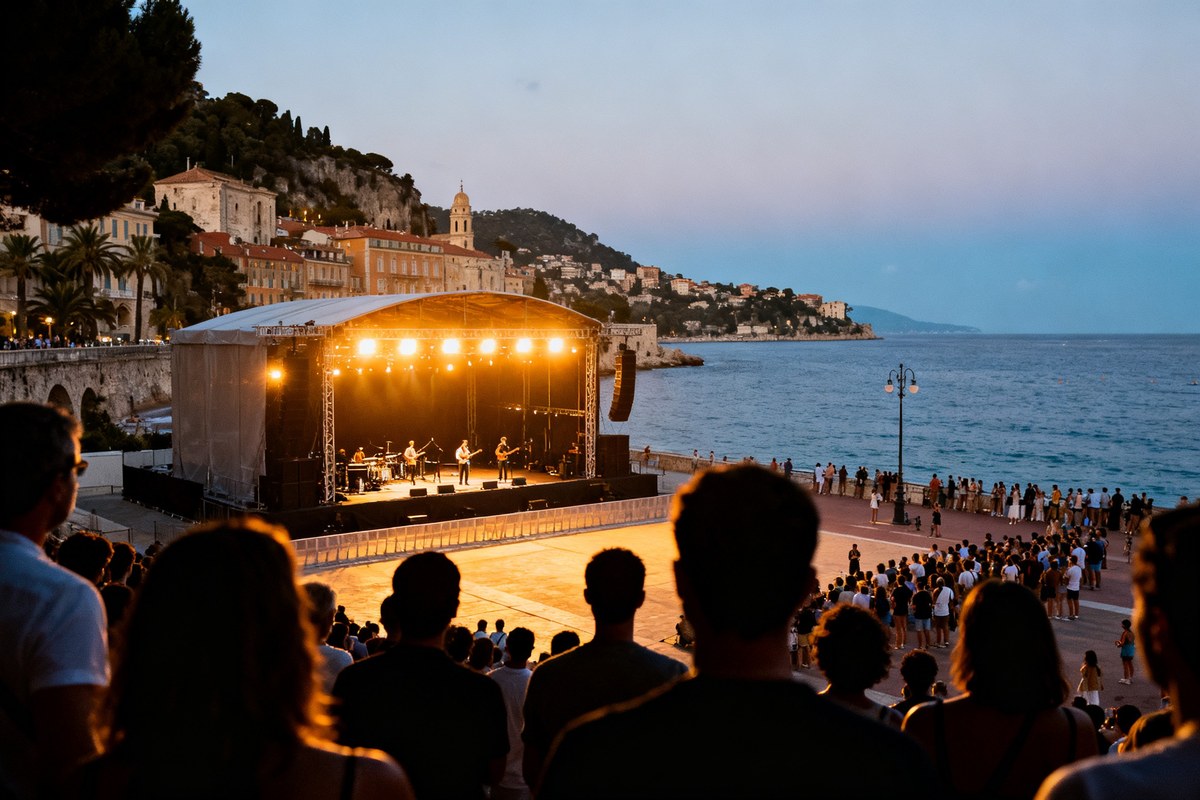Scène de concert en plein air sur une esplanade en bord de mer, lumières chaudes au crépuscule