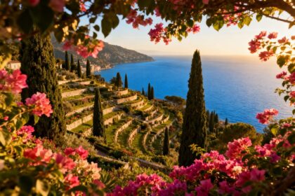 Jardin méditerranéen en terrasses surplombant une baie bleue, cyprès et bougainvilliers encadrant la vue sur la mer