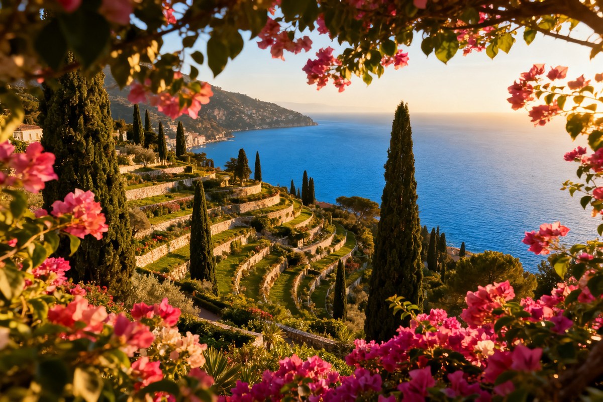 Jardin méditerranéen en terrasses surplombant une baie bleue, cyprès et bougainvilliers encadrant la vue sur la mer