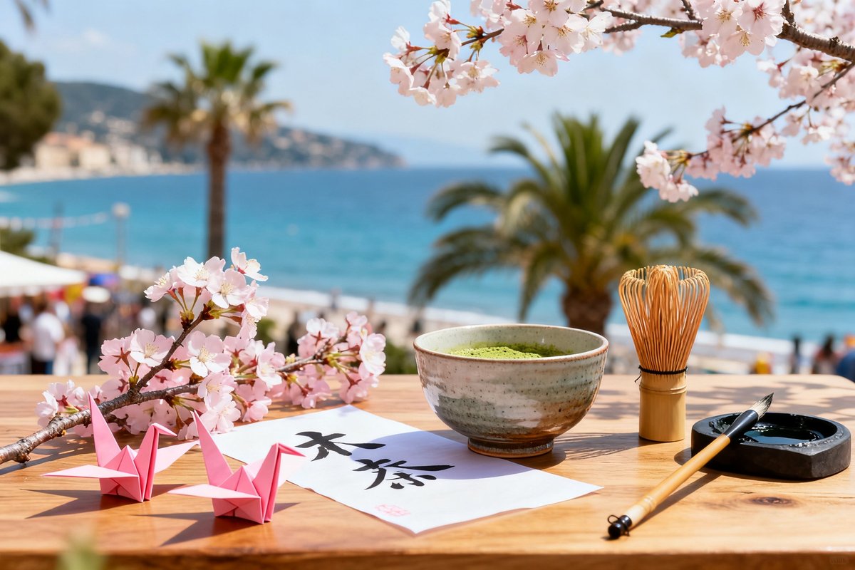 Branches de cerisier en fleur, grues en origami et bol de thé matcha devant la mer Méditerranée