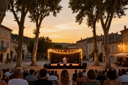 Concert en plein air sur une place de village provençal au coucher du soleil, public assis sous les platanes
