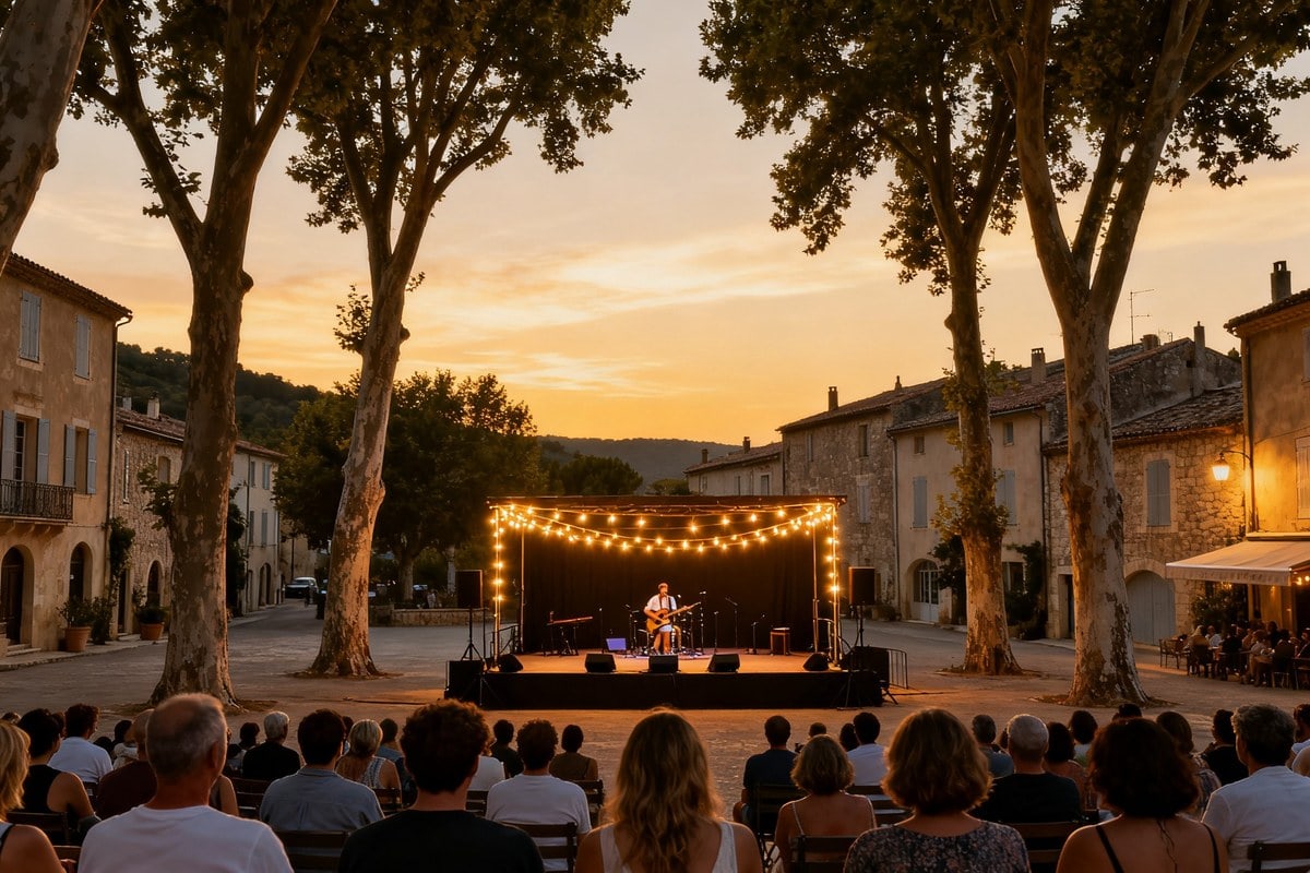 Concert en plein air sur une place de village provençal au coucher du soleil, public assis sous les platanes