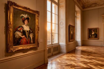 Salle d'un musée des beaux-arts avec portraits féminins en costumes d'époque dans des cadres dorés et parquet à chevrons