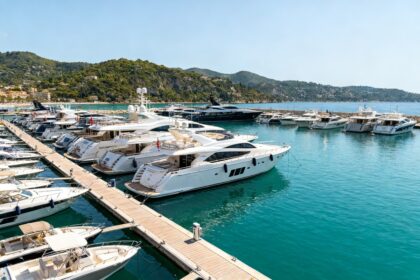 Yachts de luxe amarrés le long des pontons d'un port méditerranéen ensoleillé, collines verdoyantes en arrière-plan