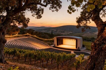 Amphithéâtre de plein air entouré de chênes-lièges et de vignes au crépuscule, gradins vides face à une scène éclairée.