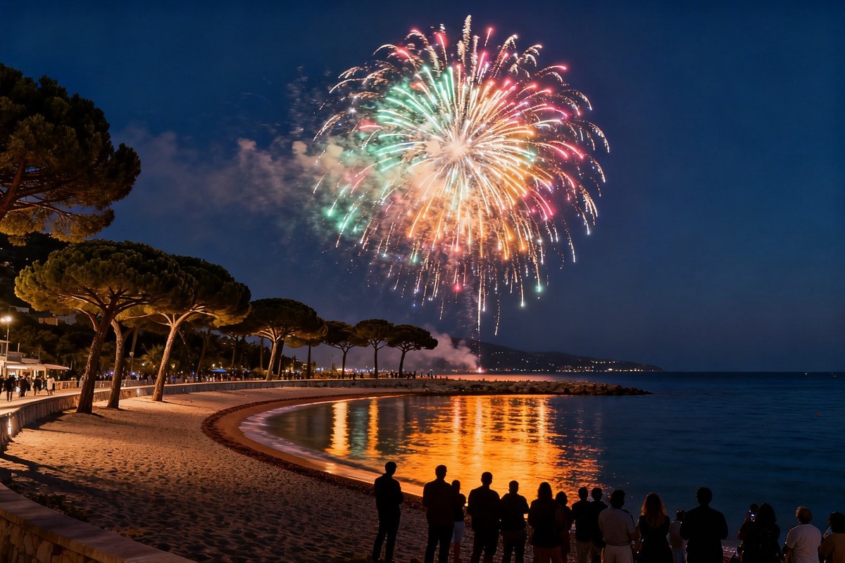 Feu d'artifice coloré au-dessus d'une baie méditerranéenne la nuit, foule en silhouette sur une plage bordée de pins
