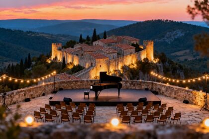 Scène de concert en plein air sur une terrasse en pierre d'un village perché de Provence au crépuscule