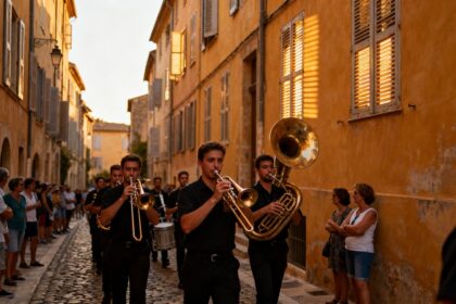 Musiciens d'une fanfare jouant trompettes et sousaphone dans une ruelle pavée aux façades ocre, devant des passants