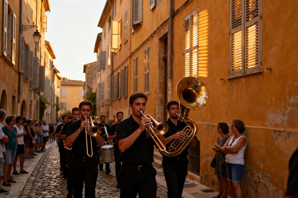 Musiciens d'une fanfare jouant trompettes et sousaphone dans une ruelle pavée aux façades ocre, devant des passants