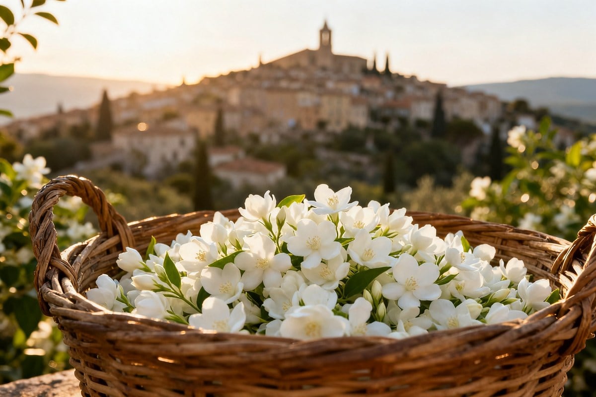 Fleurs de jasmin blanc fraîchement cueillies dans un panier en osier devant le village perché de Grasse