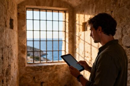 Un visiteur consulte une tablette dans une cellule de pierre d'un fort, face à une fenêtre à barreaux ouverte sur la mer