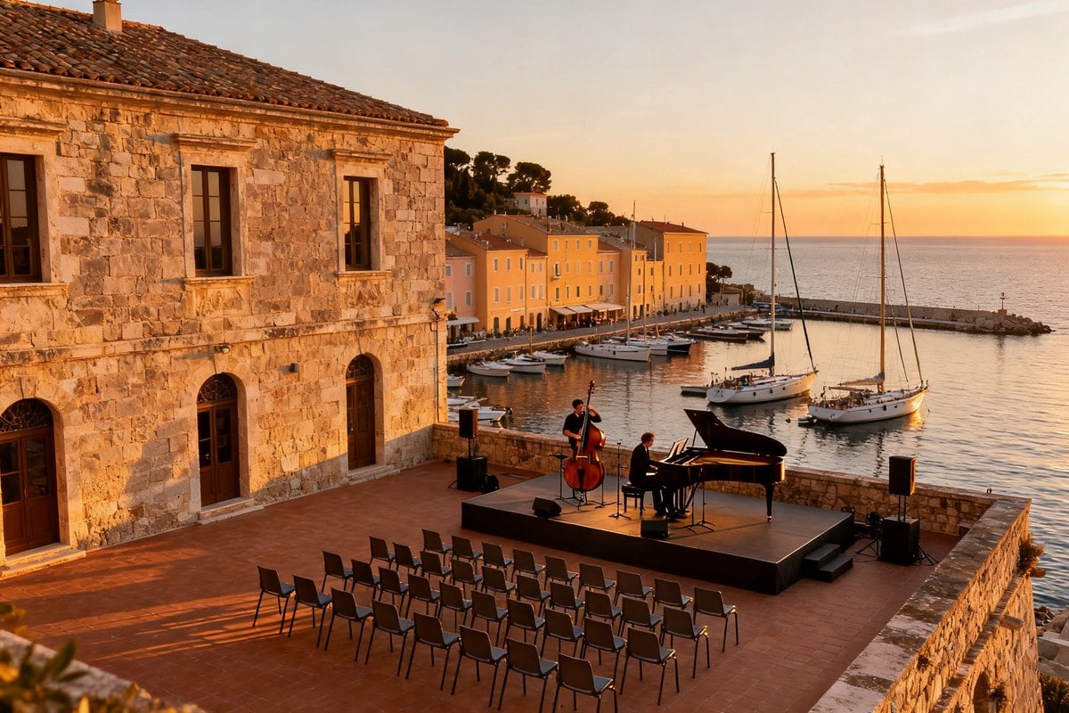 Scène de jazz avec contrebasse et piano sur une terrasse en pierre dominant un port de plaisance au coucher du soleil