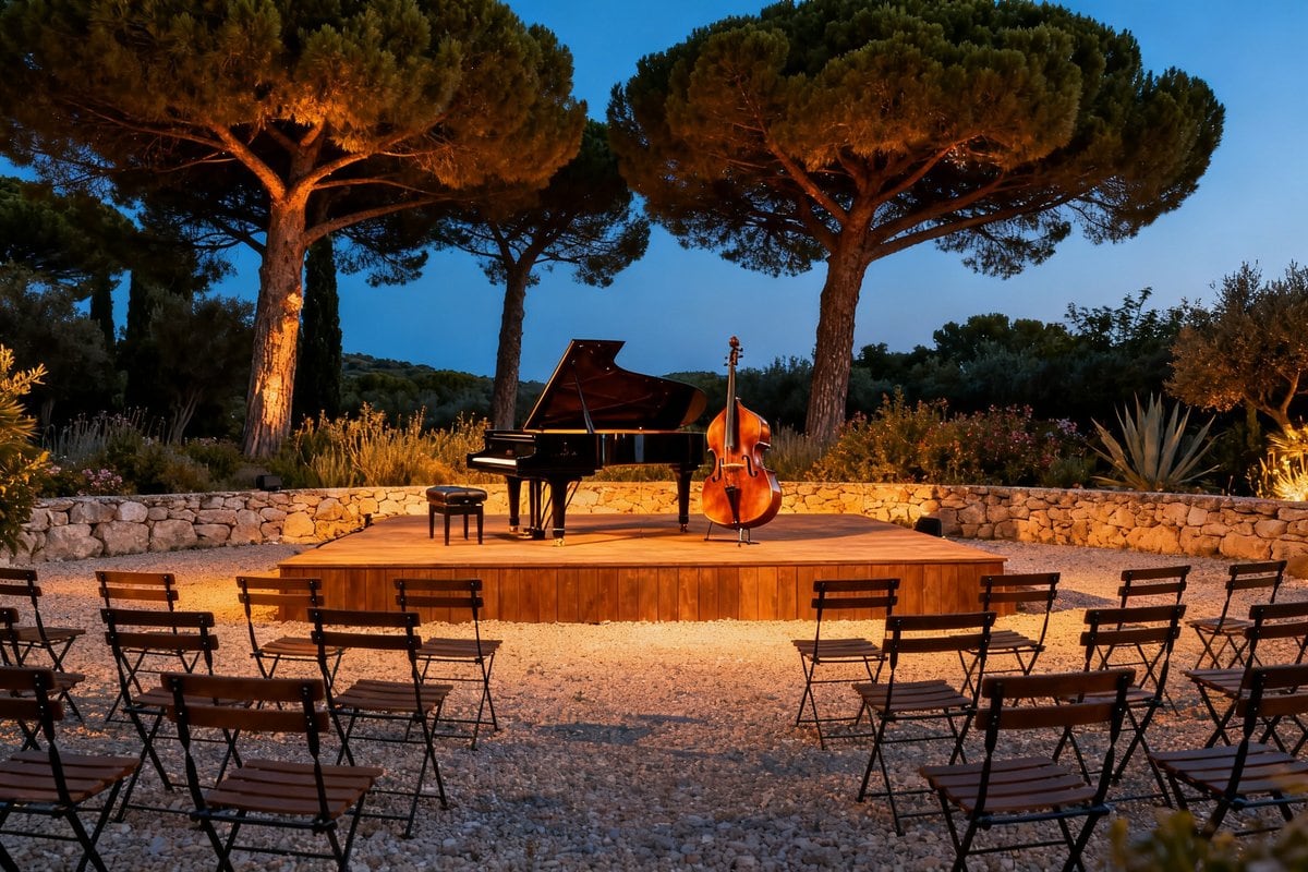 Scène en bois avec piano à queue et contrebasse dans un jardin de pins parasols, chaises vides à l'heure bleue