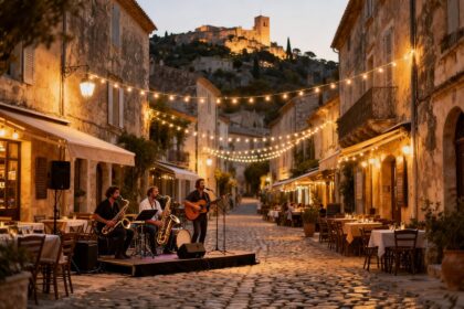 Ruelle pavée du Suquet à Cannes au crépuscule, terrasses éclairées et petit orchestre installé pour un concert