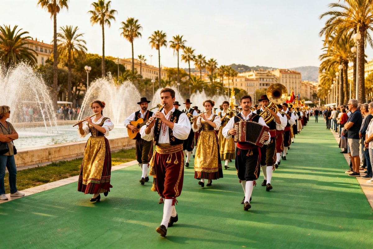 Défilé de musiciens et danseurs en costumes traditionnels le long d'une promenade urbaine plantée de palmiers